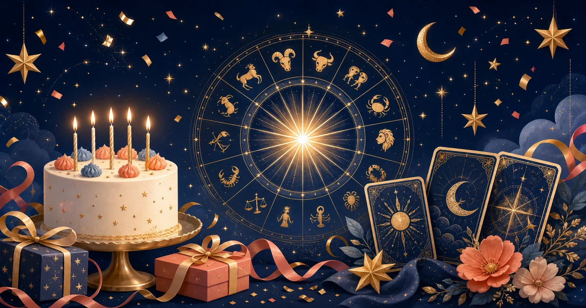 誕生日ケーキと星座盤を描いた今日の有名人占いイラスト